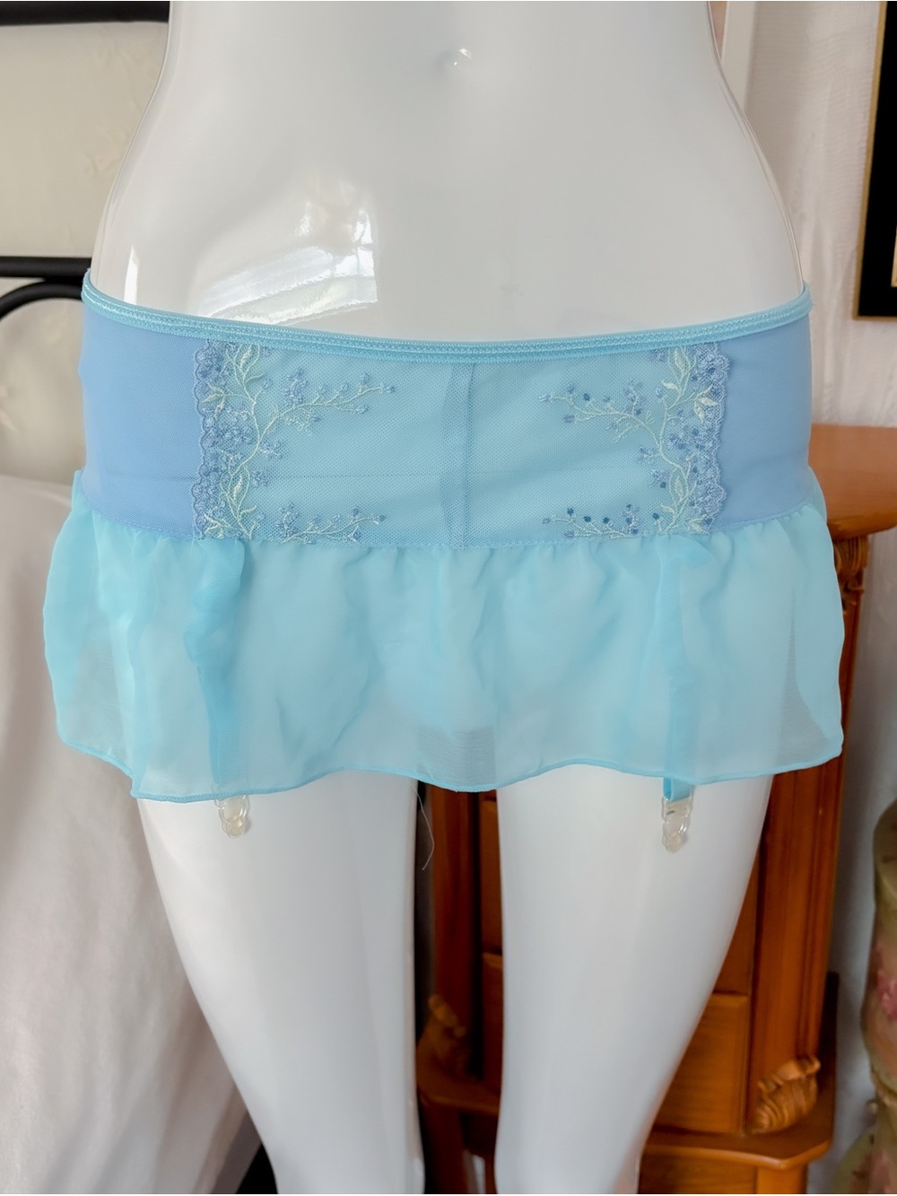 Y2K fairy coquette floral embroidered sheer blue micro mini skirt